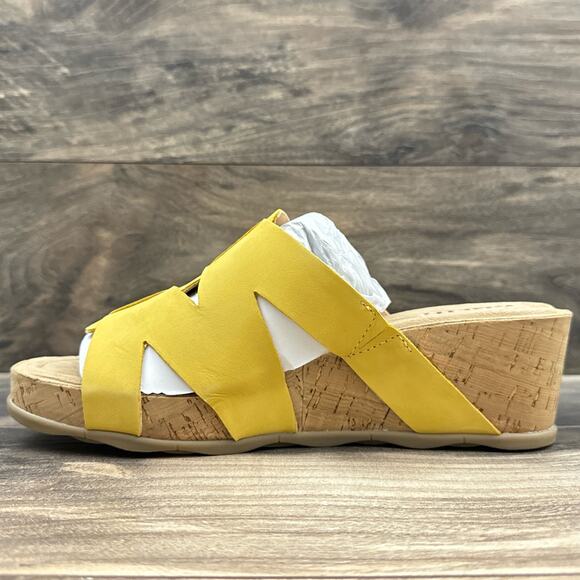 NIB Earth Willow 8.5M Yellow Leather Slip On Cork Platform Wedge Slide Sandal - Picture 5 of 10